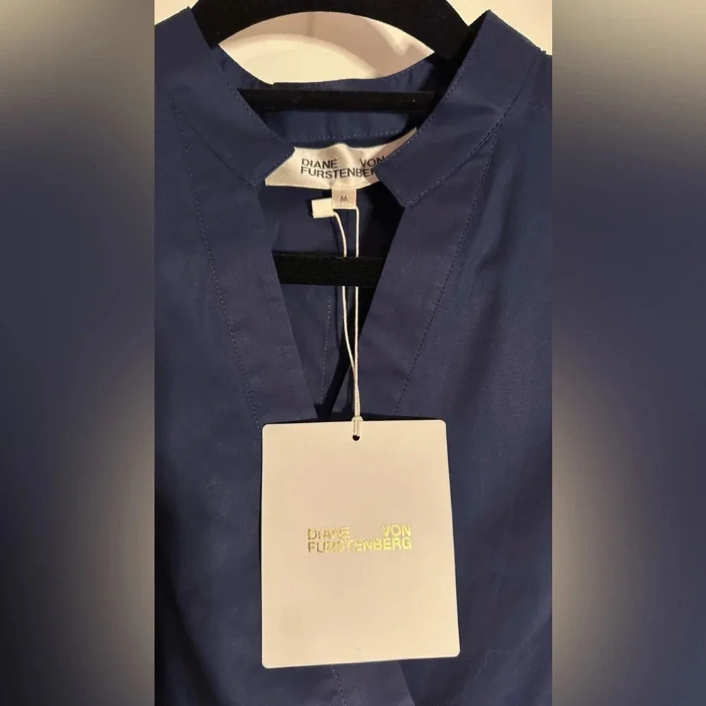 NWT Diane Von Furstenberg DVF Marlene Cotton Poplin Asymmetric Hem Dress Navy M - Picture 7 of 11